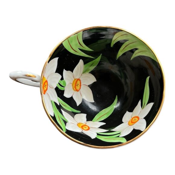 Tuscan Tea Cup & Saucer Set Black w White Daffodils Fine Bone China England EUC - Picture 7 of 10